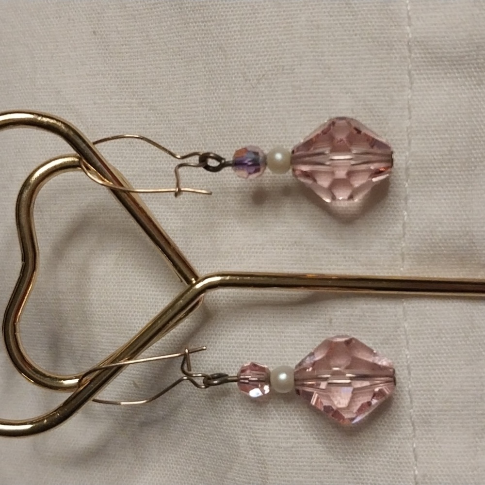 Pink Faceted Bead Pierced Earrings with small white bead